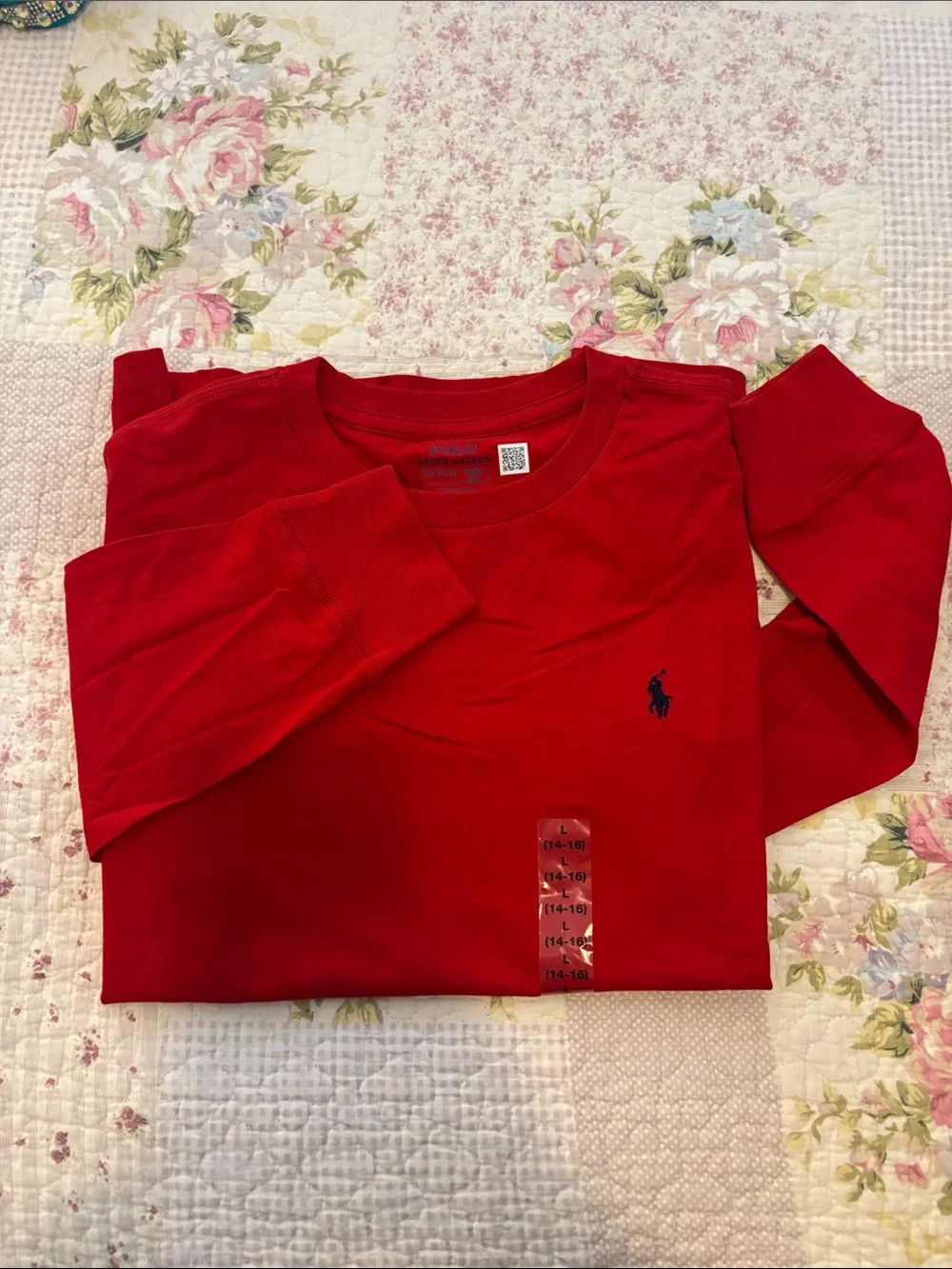Ralph Lauren Red Crewneck Long Sleeve Tee with Navy Pony